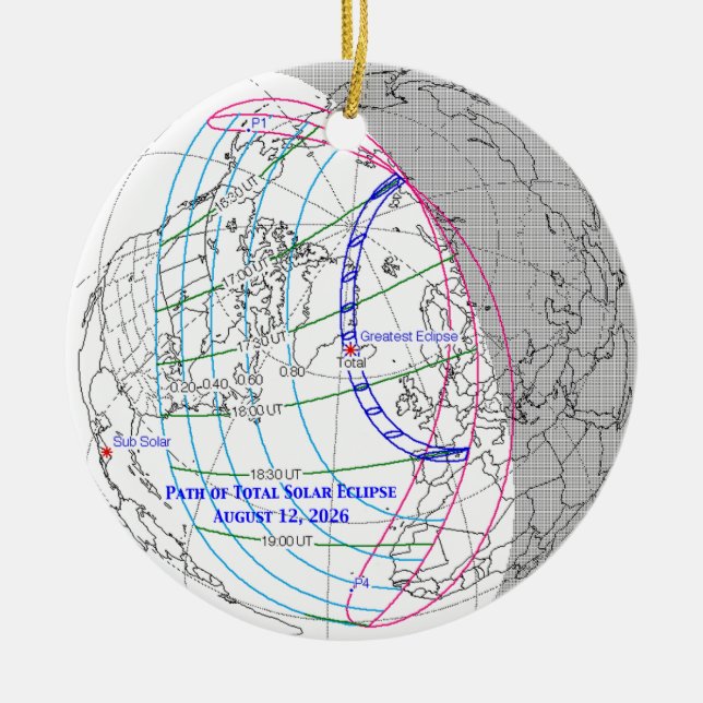 Total Solar Eclipse 2026 Map Ceramic Tree Decoration (Front)