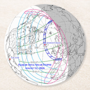 Total Solar Eclipse 2026 Map Round Paper Coaster