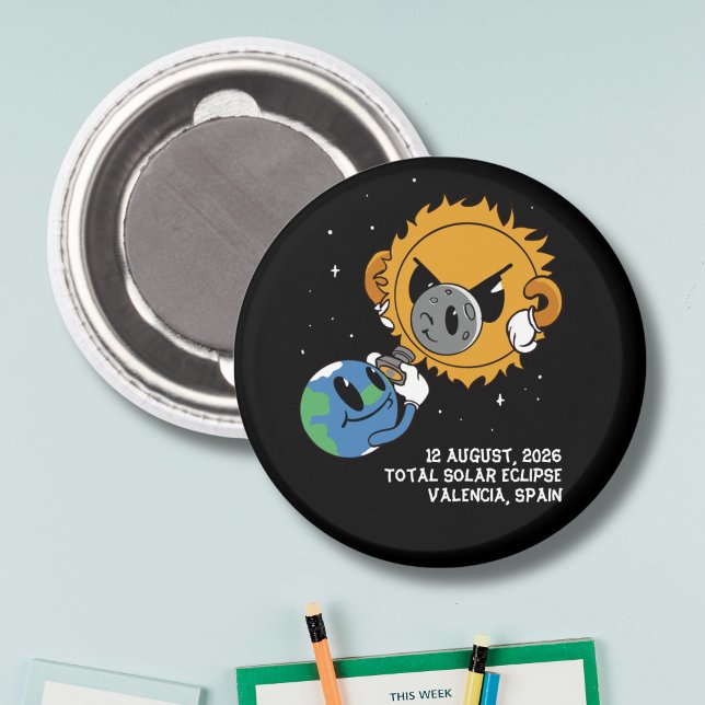 Total Solar Eclipse 2026 Spain Photobomb Magnet (Change city to personalize.  All text editable, matching items available)