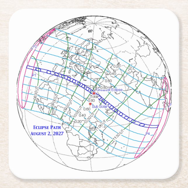 Total Solar Eclipse 2027 Map Square Paper Coaster (Front)