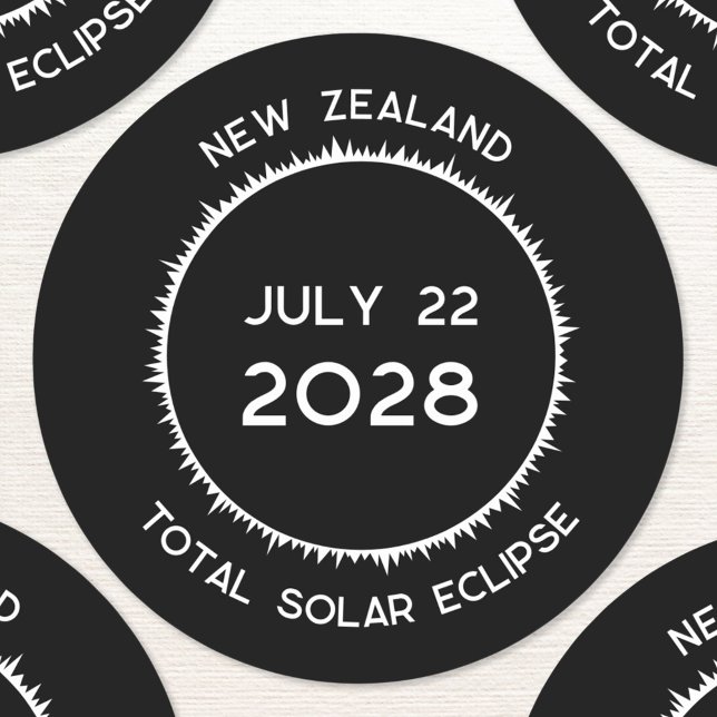 Total Solar Eclipse 2028 New Zealand Classic Round Sticker (Total solar eclipse july 22nd 2028 New Zealand custom text sticker)