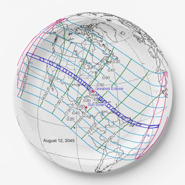 Total Solar Eclipse 2045 Global Path Paper Plate (Front)