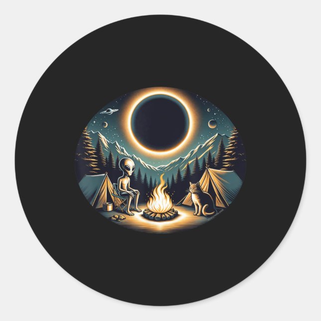 Total Solar Eclipse April 2024 Alien Cat Camping O Classic Round Sticker (Front)