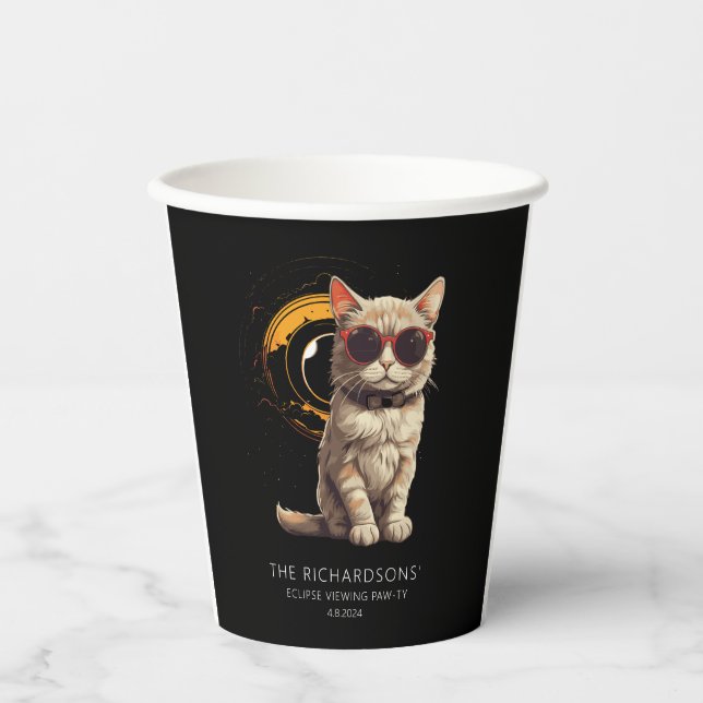 Total Solar Eclipse April 2024 Fun Cat in Glasses Paper Cups (Front)