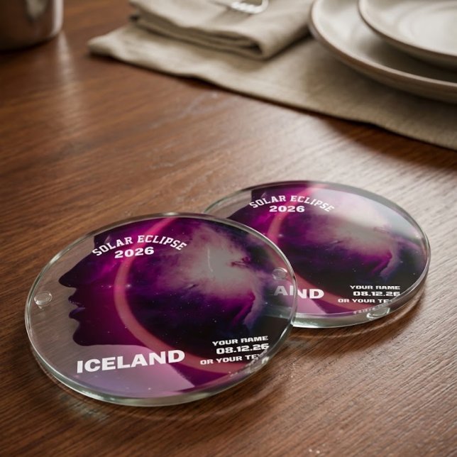 Total solar eclipse August 2026 text personalised Glass Coaster (Creator Uploaded)