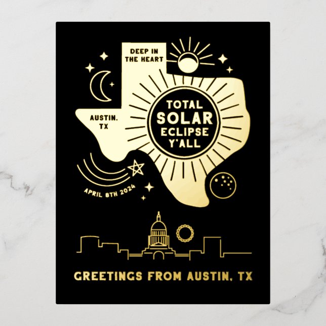 Total Solar Eclipse Austin Texas Gold Foil Foil Holiday Postcard (Front)