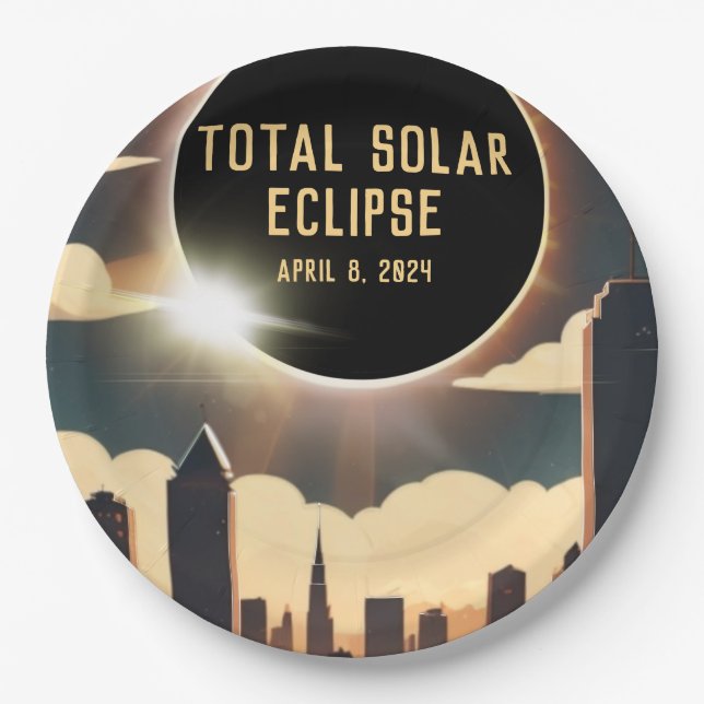 Total solar eclipse CITY April 8, 2024 sun moon  Paper Plate (Front)