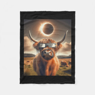 Total Solar Eclipse Highland Cow Wearing Sungles 1 Fleece Blanket
