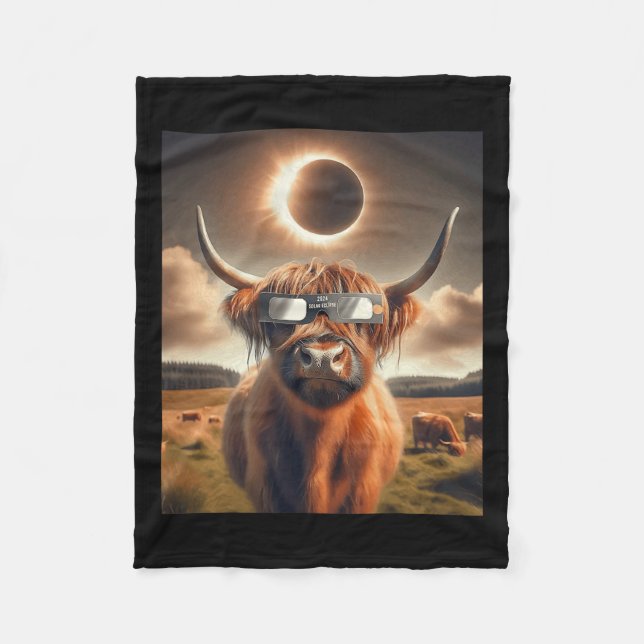 Total Solar Eclipse Highland Cow Wearing Sungles 1 Fleece Blanket (Front)