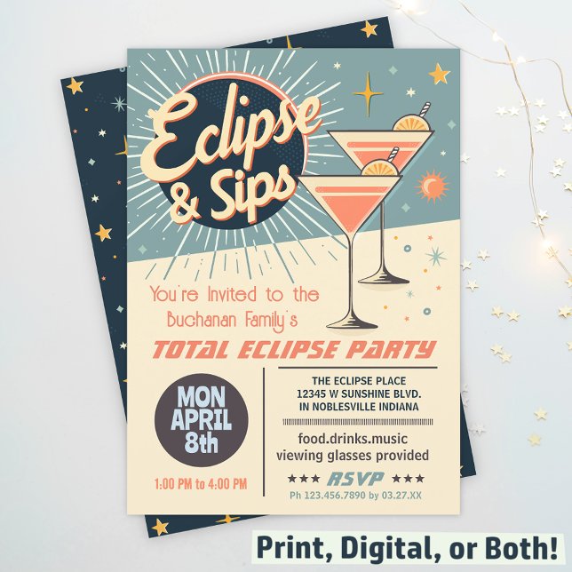 Total Solar Eclipse & Sips 2024 Retro Watch Party Invitation (Creator Uploaded)