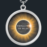 Totality Solar Eclipse 2017 Silver Plated Necklace<br><div class="desc">A total solar eclipse occurred on April 8,  2024,  passing over Mexico,  the United States,  and Canada.  This necklace has the text "Totality 04.08.24".  An orange and black sun and moon graphic in the centre represents the eclipse.</div>