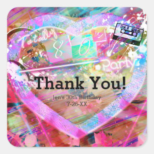 Totally 80's Bright Fun Heart Party Custom Favour Square Sticker