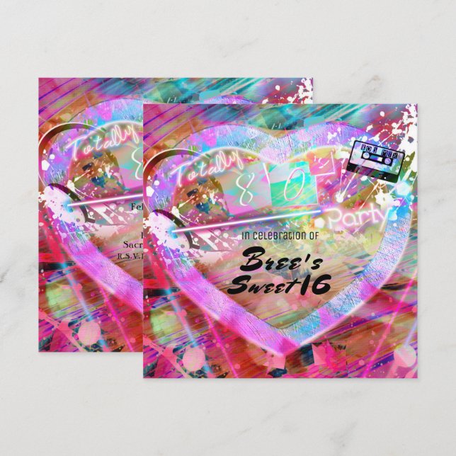 Totally 80's Bright Fun Heart Party Invitation (Front/Back)