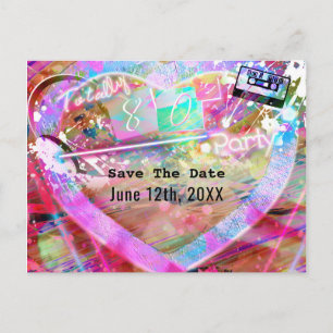 Totally 80's Bright Fun Heart Party Save the Date Announcement Postcard