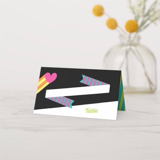 Totally 80s Hearts and Stripes Wedding Place Card (Front)