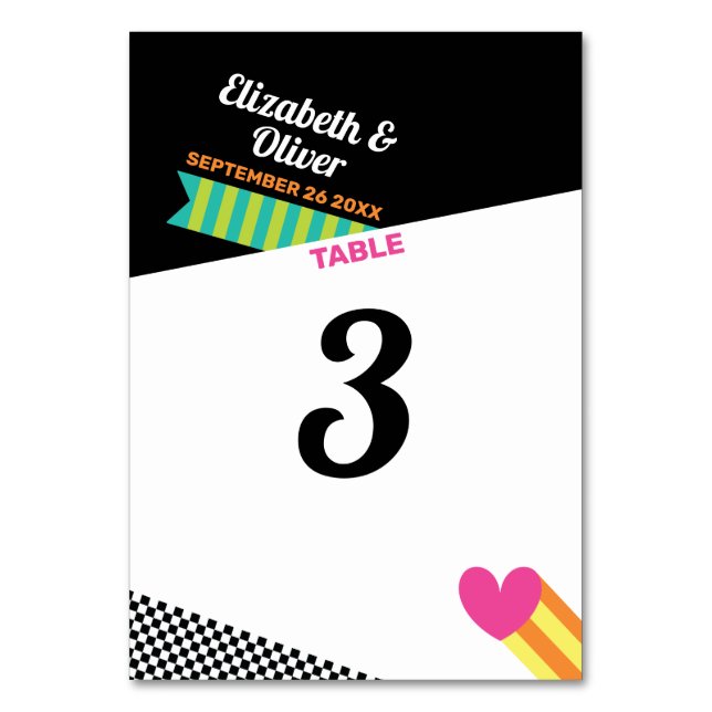 Totally 80s Pink Heart and Stripes Wedding Table Number (Front)