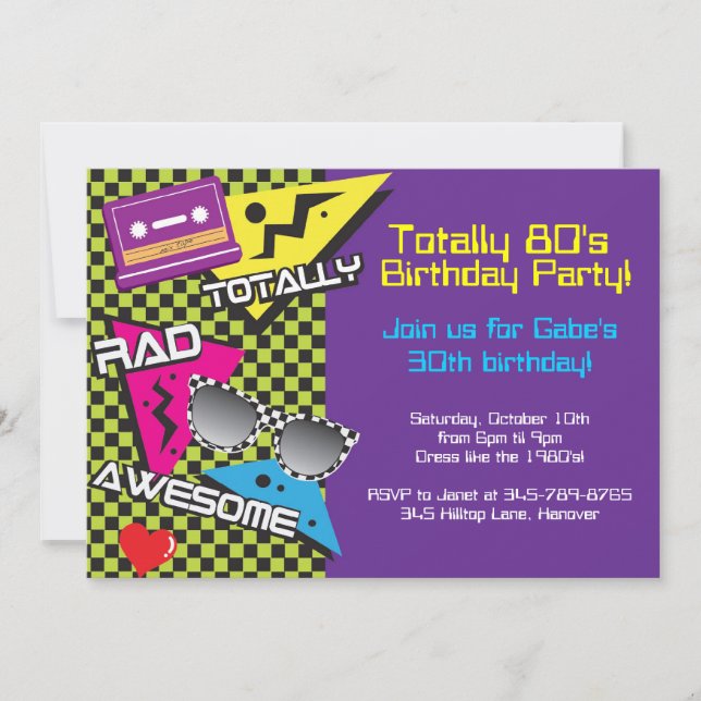 Totally 80's theme birthday party invitations (Front)