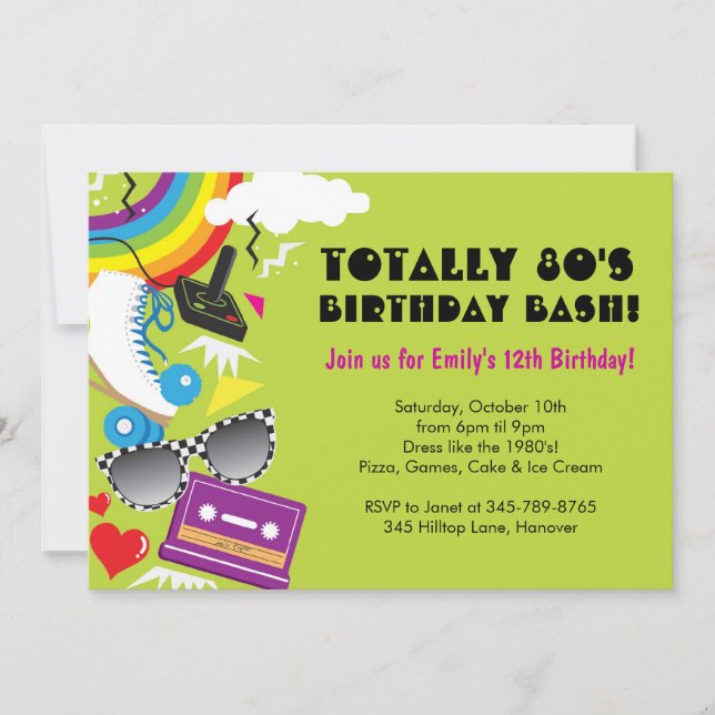 Totally 80's theme birthday party invitations (Front)