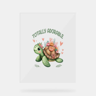 Totally Adorable Turtle with Coral Acrylic Sign