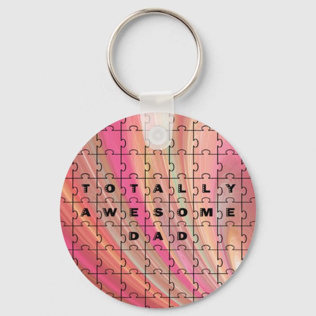 Totally Awesome Dad Puzzle Text Pink/Brown Pattern Key Ring (Front)