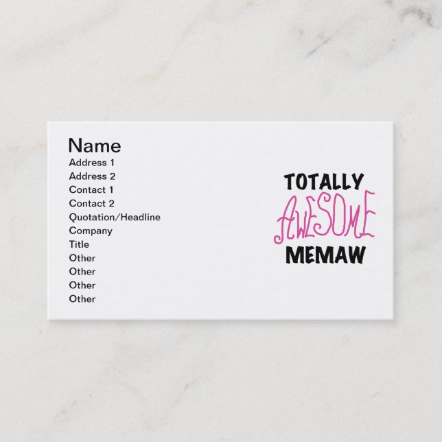 Totally Awesome Memaw Pink T-shirts and Gifts Business Card (Front)