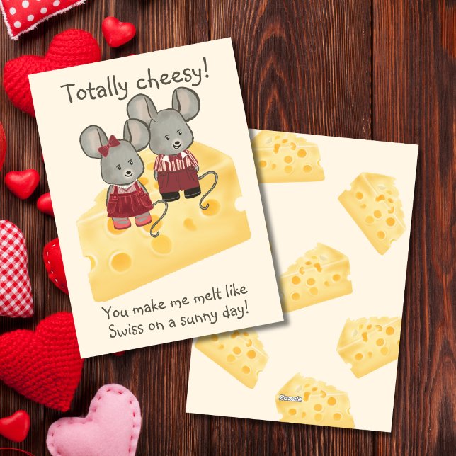 Totally Cheesy Girl & Boy Mouse Sitting on Cheese Holiday Card (Creator Uploaded)