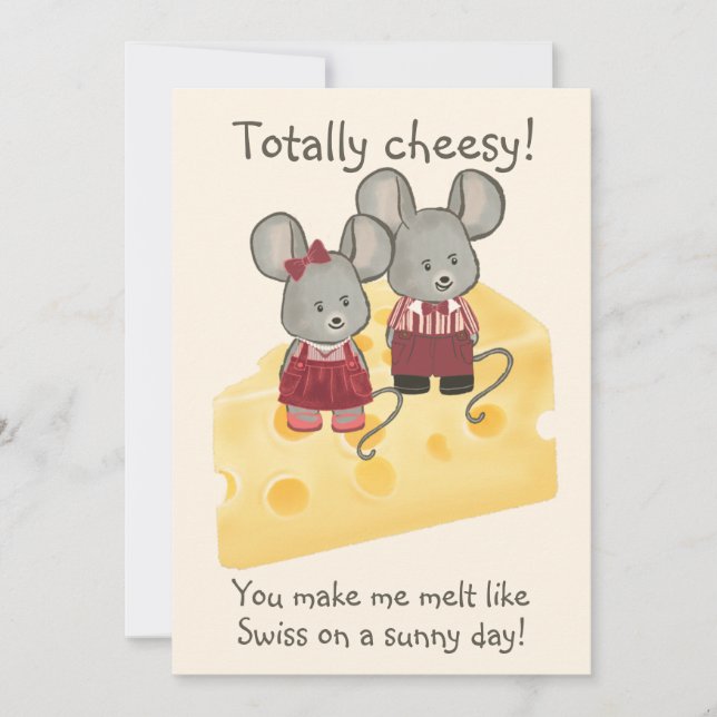 Totally Cheesy Girl & Boy Mouse Sitting on Cheese Holiday Card (Front)