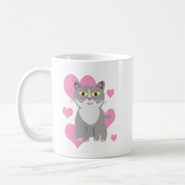 Totally Cute Grey Cat Love Art Fun Cartoon Coffee Mug (Left)