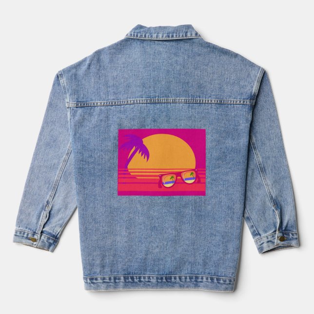 Totally Eighties Beach Fun Neon Sunset Denim Jacket (Back)