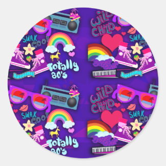 Totally Eighties Purple Collage Classic Round Sticker