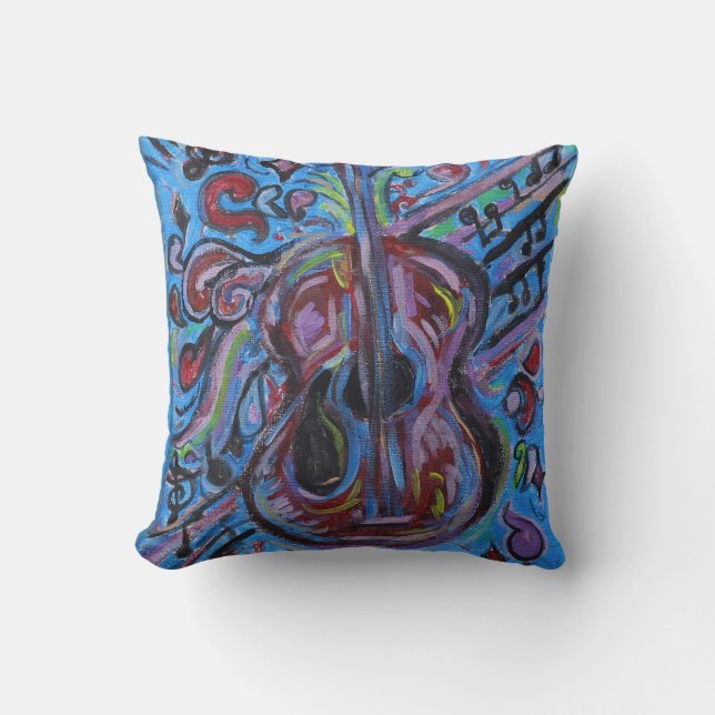 Totally Jazzy Blue Abstract Guitar Folk Art Cushion (Front)