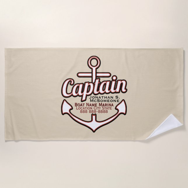 Totally Personalised Captain Anchor Nautical Beach Towel (Front)