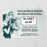 Totally Retro and Fun 50th Birthday Party Invitation<br><div class="desc">A young dancing couple from the mid-20th century looking over their shoulder and saying "He CAN'T be 50!".</div>