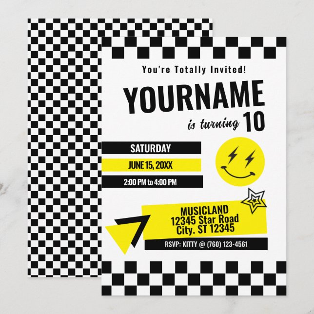 Totally Retro Birthday Invitation (Yellow) (Front/Back)