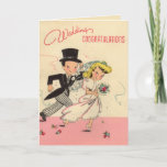 Totally Retro Wedding Congratulations Card<br><div class="desc">Totally retro. Pale peach and pink background with a cartoon bride and groom in tux and wedding gown hurrying through thrown confetti. The bride is blonde and carrying her bouquet. At the top are the words "Wedding " ( in script) and "Congratulations" ( not in script). Both words are in...</div>