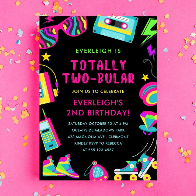 Totally Twobular Neon 80s Second Birthday Party  Invitation (Creator Uploaded)