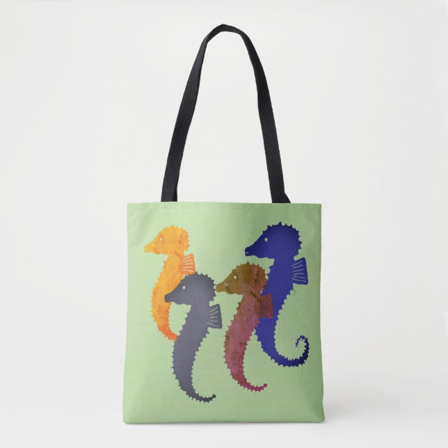 Tote Bag (ao) - Seahorses on Green Background (Front)