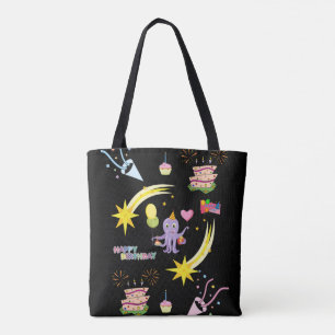 Tote Bag, Black Purple Octopus Happy Birthday Bag