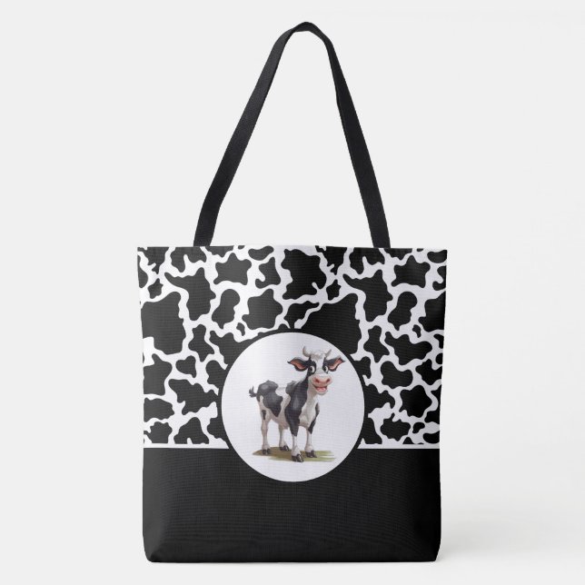 Tote Bag-Black & White Cow Spotted Print (Front)