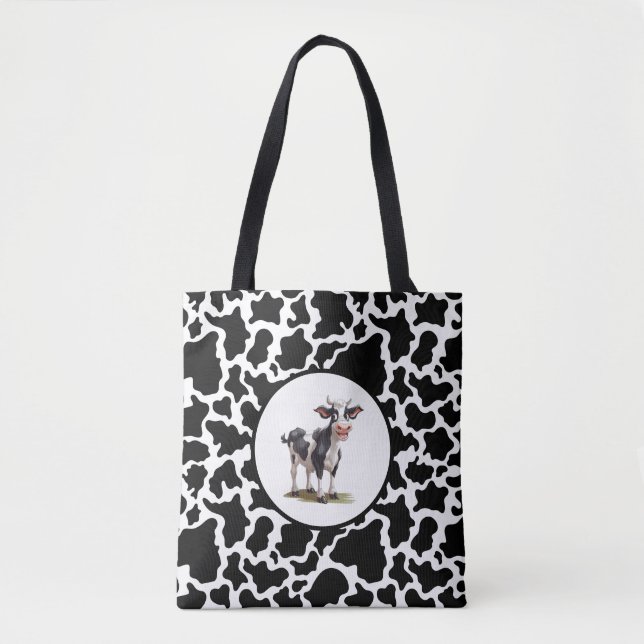 Tote Bag Black & White Cow Spotted Print (Front)