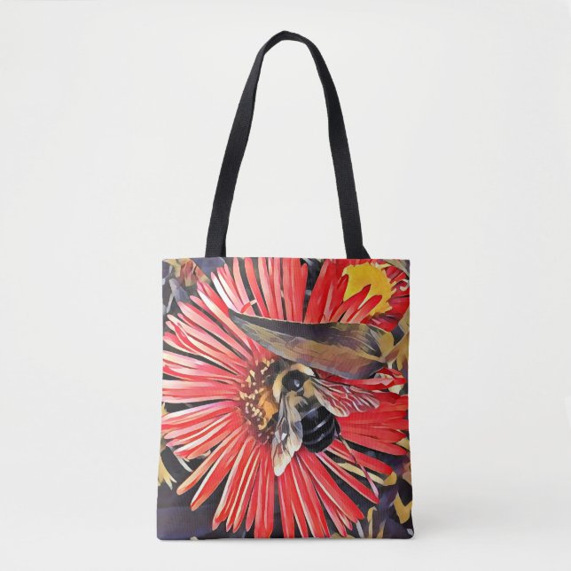 Tote Bag Bumblebee on Zinnia Flower (Front)