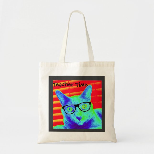 Tote Bag Cat Glasses Teacher Time (Front)