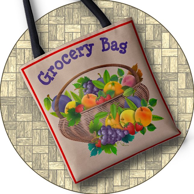 TOTE BAG - Colourful Basket of Fruit #2 - 2-sided (A great Tote Bag for groceries or anything else. Available in 3 sizes. Text can be modified.)