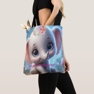 Tote Bag, Cute Baby White Elephant Floral Bag