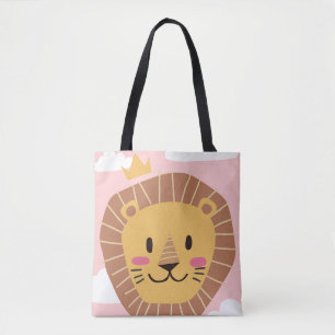 Tote Bag Cute Lion Crown Pink Clouds Safari