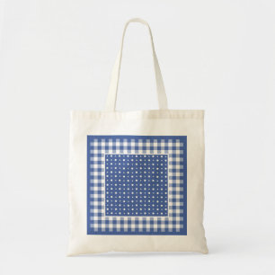 Tote Bag, Dark Blue, White Polka Dots and Checks Bag