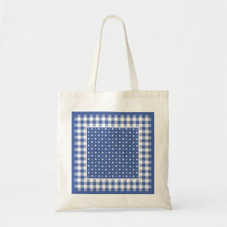 Tote Bag, Dark Blue, White Polka Dots and Checks Bag
