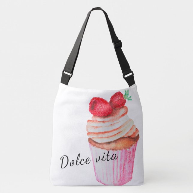 Tote bag Dolce vita with raspberry cupcake design (Front)