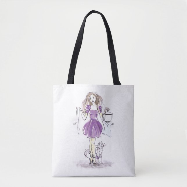 Tote Bag Fashion Girl Woman And Cat Shopping (Front)