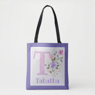 Tote Bag has First Initial Plus Name with Flowers